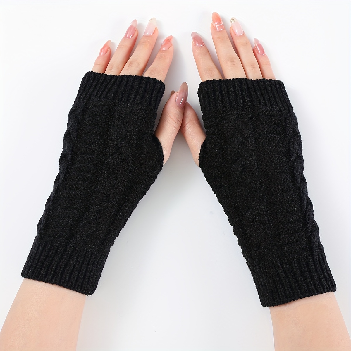 Image of Unisex Acrylic Knit Fingerless Gloves, , Solid Color, Warm Outdoor Arm Warmer With Cable Knit Design, With Hand Washable For Mature Occasions