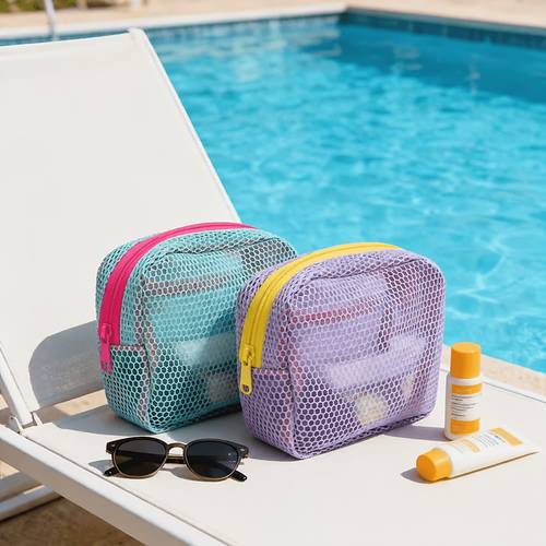 paquete de 2 bolsas de playa de malla a en y / paquete de , y . neceser para mujer - organizador de transparente con múltiples compartimentos - compacto, y plegable - para guardar y organizar pequeños, un para viajes