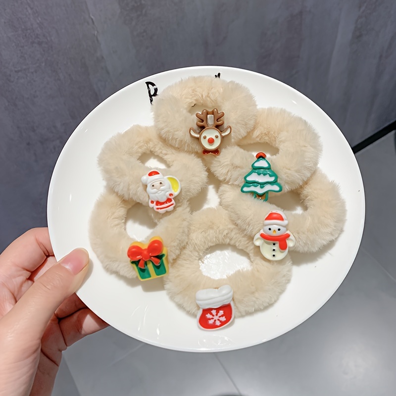 

6pcs Christmas Plush Hair Tie Set - Cute Santa & Reindeer Designs, Bands For Autumn/winter Ponytails