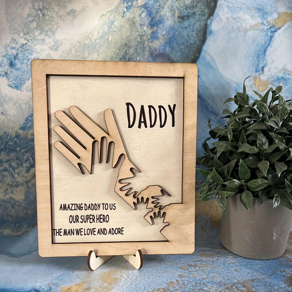 1pc fathers day wooden sign palms intertwined wooden plaque with base gift for dad grandfather amazing daddy to us our super hero the man we love and adore decorative ornaments home decor interior decor living room and bedroom details 1