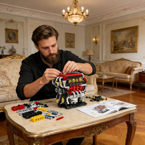 electric model kit car engine building block set with battery 8 cylinder car engine simulation interconnection high difficulty assembly mechanical engineering construction block set adult enthusiasts collection model gift