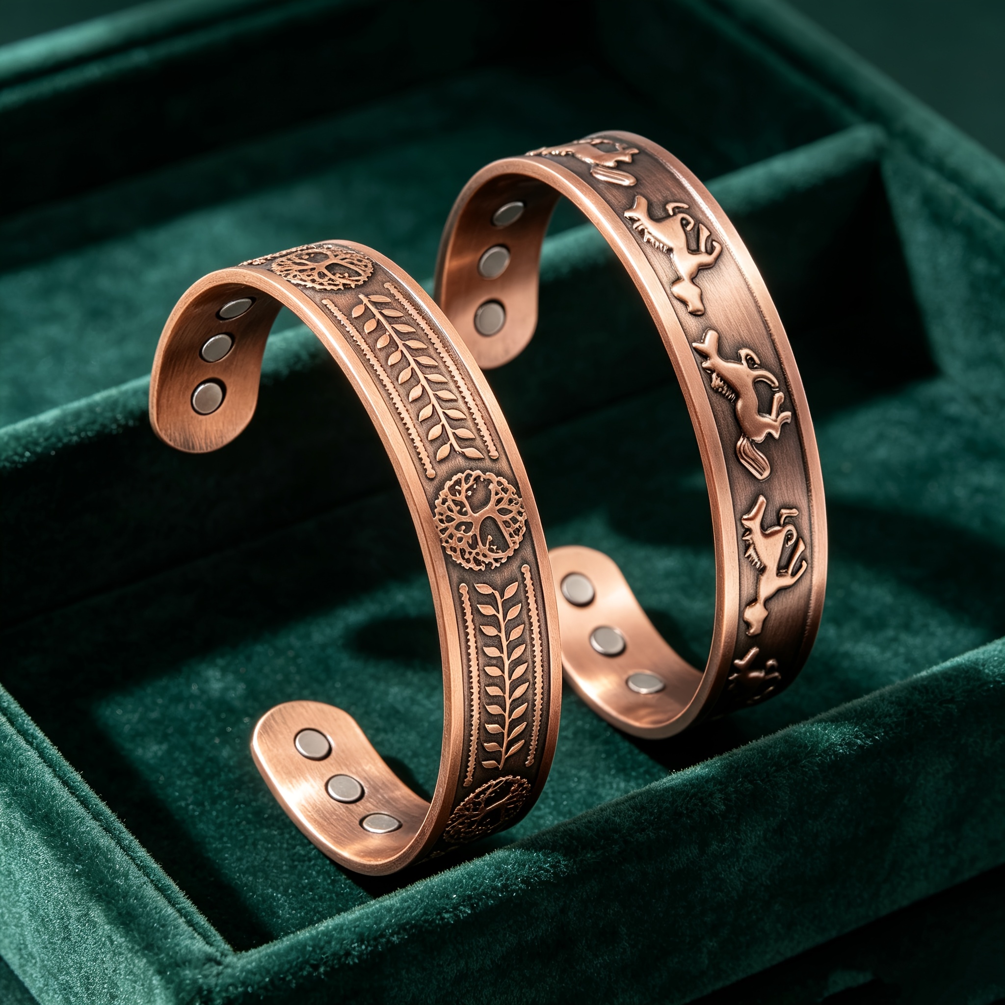 TEMU 2pcs Set Of Vintage Pure Copper Magnetic Open Bangle, Suitable For Men, Patterns Include Tree Of Life, Wheat And Running Horse Relief. Product