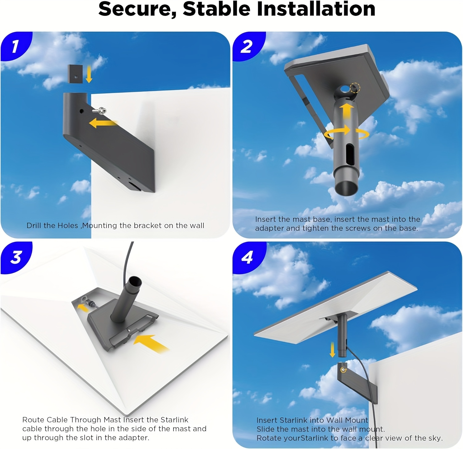 Support en Alliage d'Aluminium pour Mur/Toit Starlink Gen 3, Kit de Montage à Poteau Court, Support Starlink pour Gen 3/V3