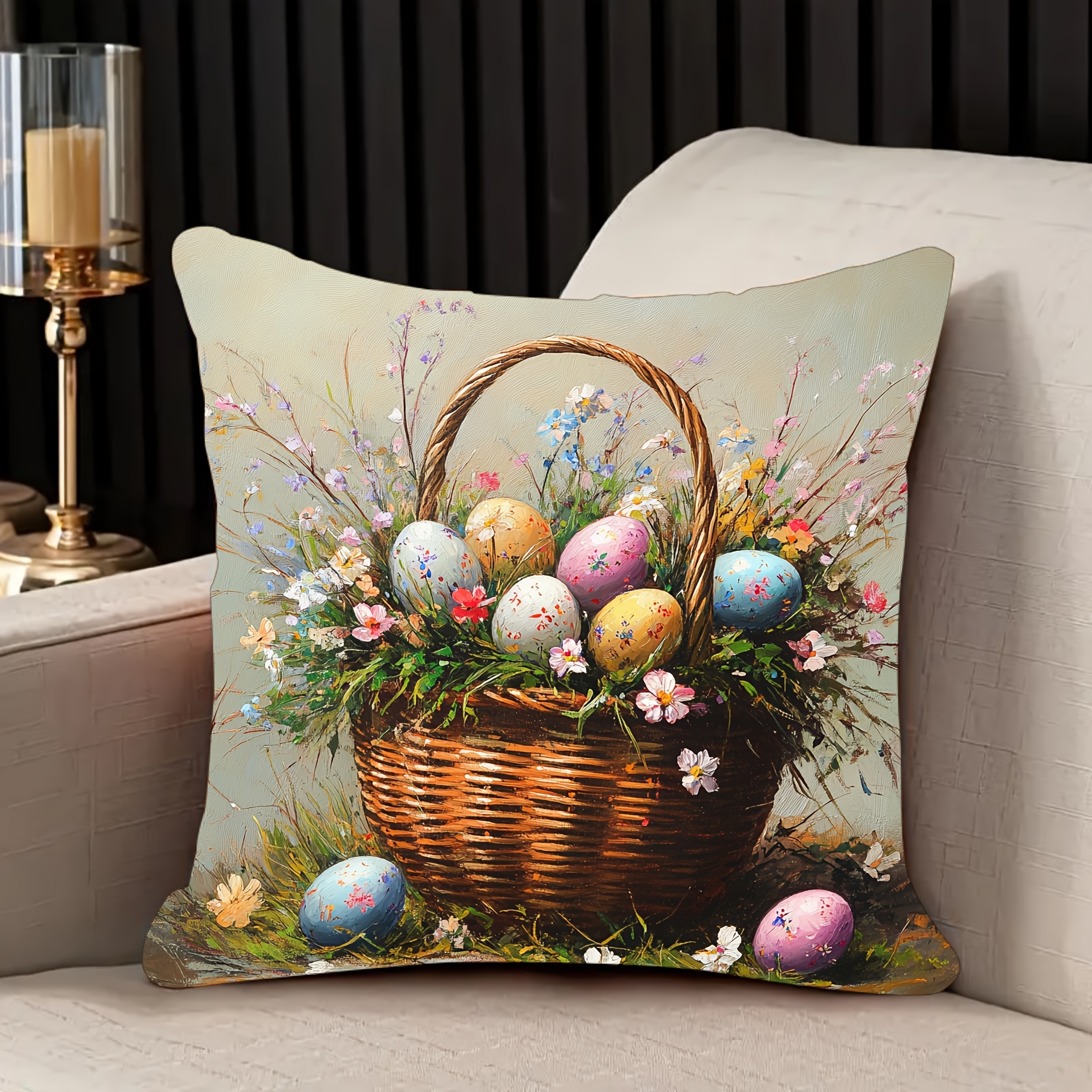 

1pc, Polyester Short Plush 18x18 Inch, Easter Basket With Eggs And Flowers, Suitable For Room, Sofa, Bedroom, Without Pillow Core_ccds0387