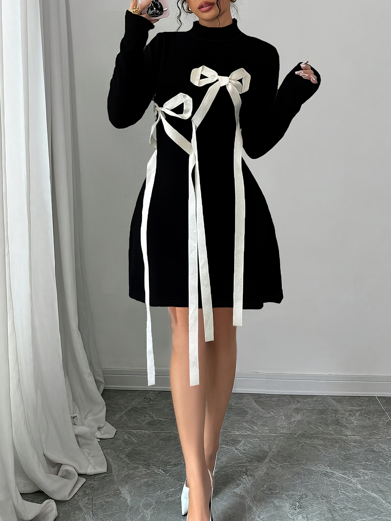 casual fitted black dress ECB Exclusive: Little Black Ribbed Cutout Slit Long Sleeve Dress, Black XL main image 1
