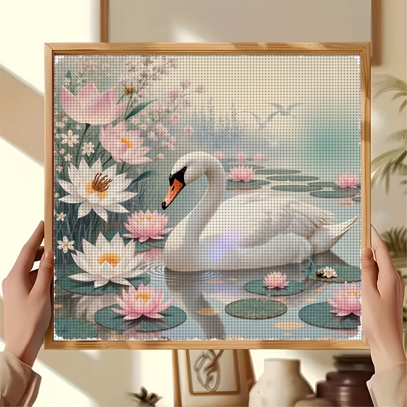 Swan & Lotus Cross Stitch Kit for Beginners with Pre-Printed Canvas