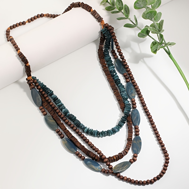 TEMU 1pc Retro Fashion Ethnic Style Resin Wooden Bead Necklace With Temperament Long Chain/sweater Chain