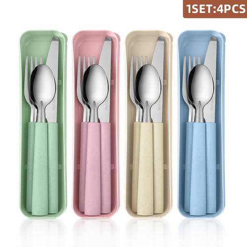 4pcs portable stainless steel travel cutlery set with knife ideal for picnics camping and outdoor activities storage box