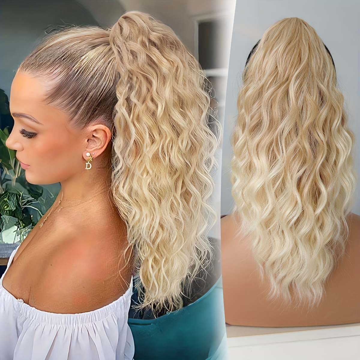 E-shop Ombre Farbige Krallenförmige Pferdeschwanzverlängerung Gelb 16 Zoll Wasserwelle Hitzebeständige Faser Synthetischer Pferdeschwanz Haar Patch,