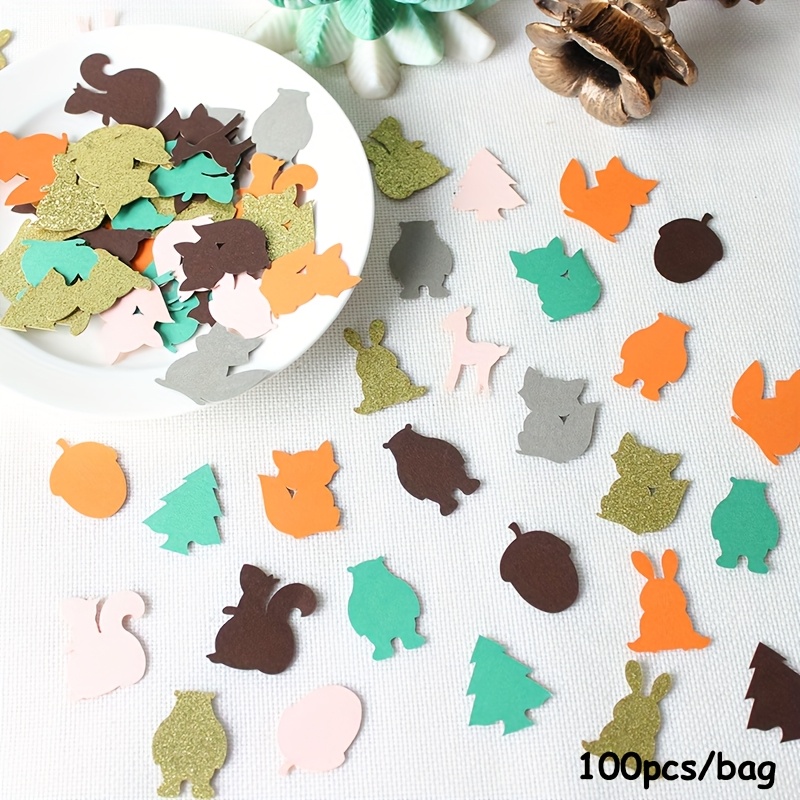 Image of Set Of 100 Woodland Creature Confetti For Decorating Tables, Featuring Designs Of Foxes, , And Trees, Perfect For A Shower, Birthday, Or Gender Reveal Party With A Forest Theme