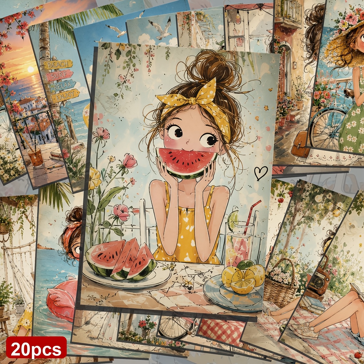 TEMU 20pcs Whimsical Vintage Women Postcards - 10x14.5cm Watercolor Retro Illustrations, Collectible Postcards For Scrapbooking & Crafting, Junk