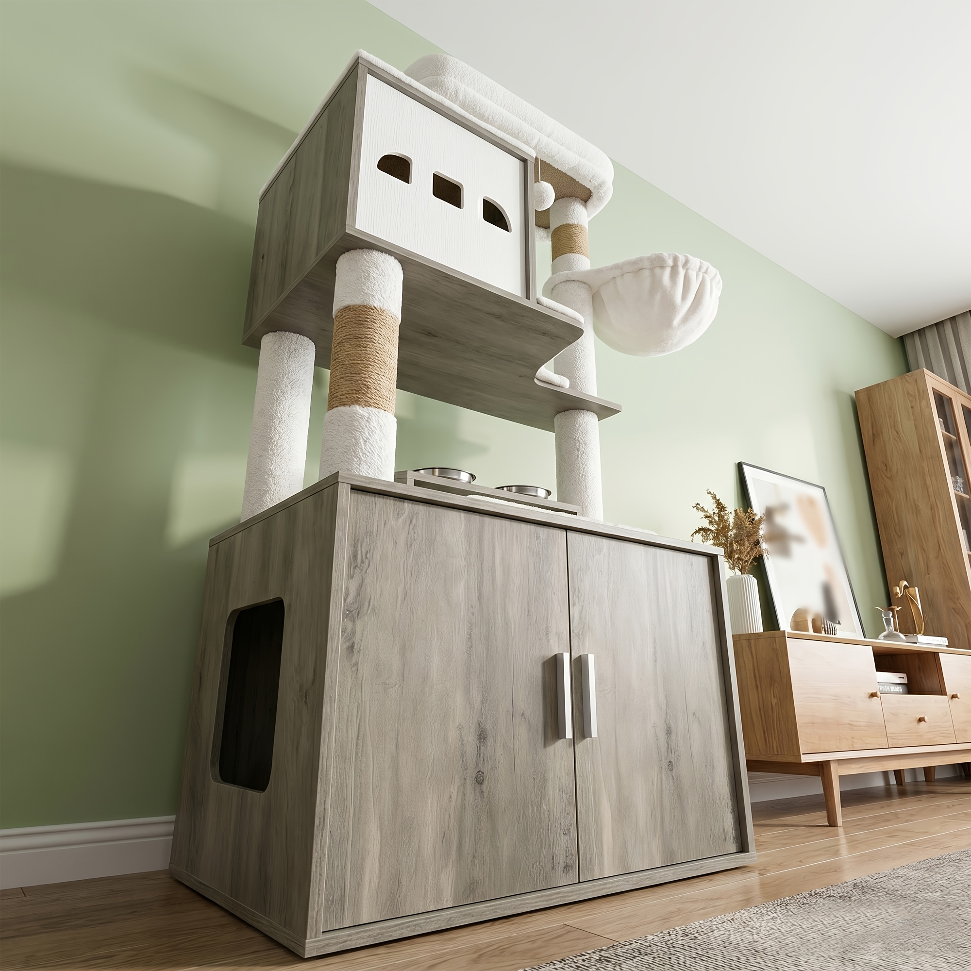 TEMU White × Warm Brown + White Plush Fabric 151cm Four-tier Deluxe Cat Tree With Built-in Enclosed Litter Box, Sisal Rope Scratching Post, Large Cat