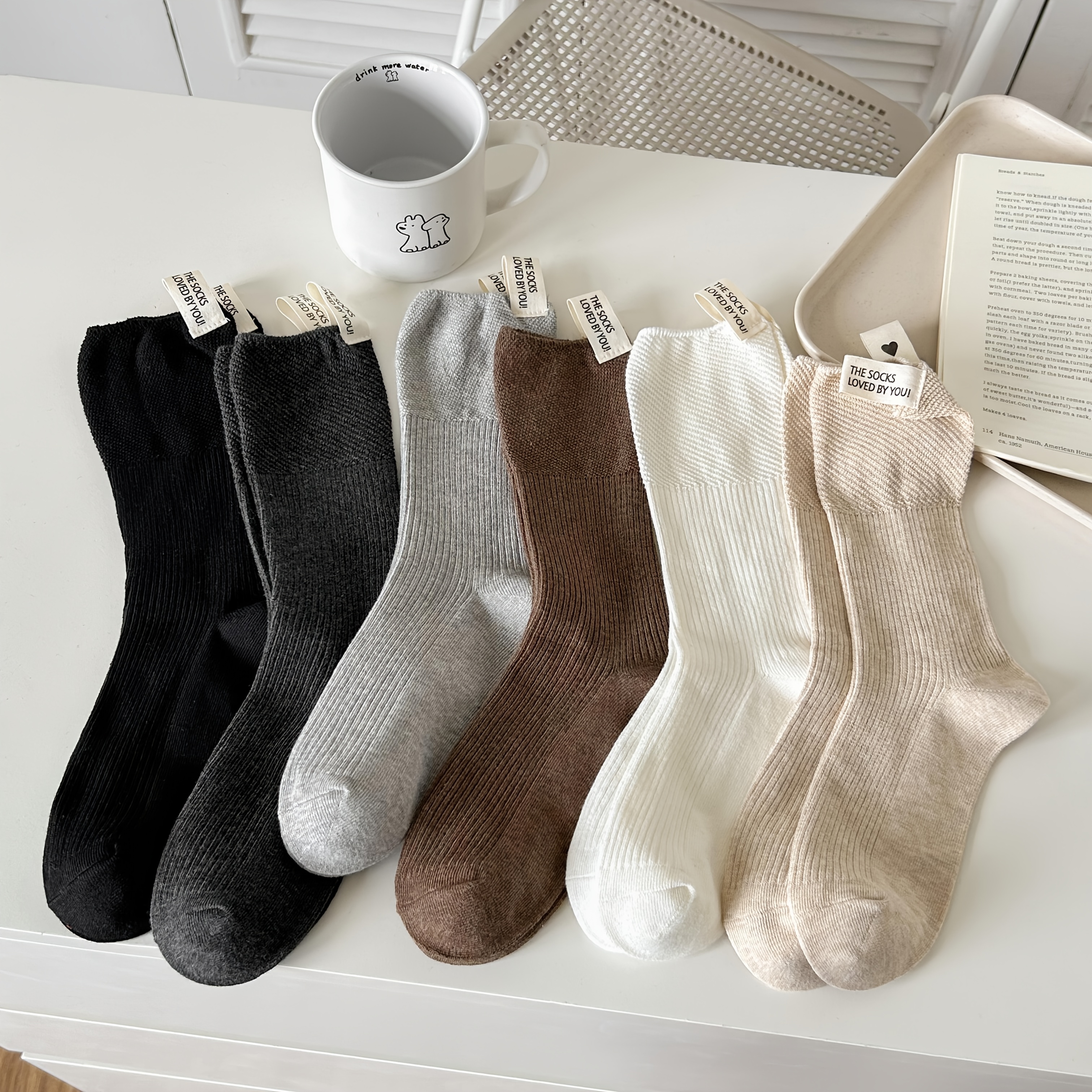 1/3/6 Pairs Of Japanese Cute ' Heel Cloth Label Mid-calf Stacked Socks