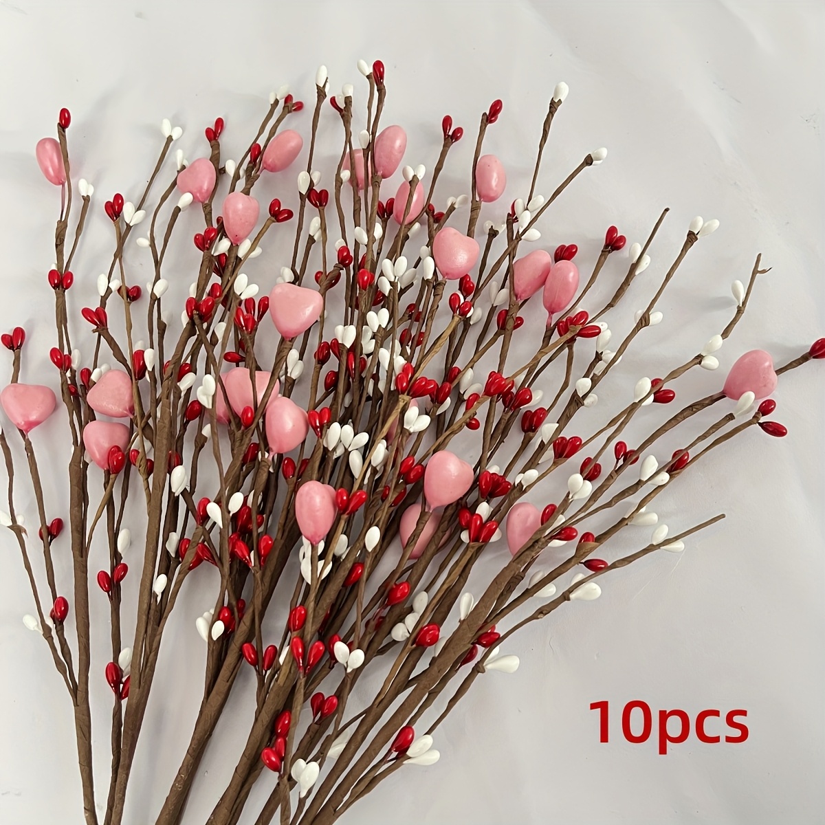 

10pcs Valentine's Day Artificial Berry Stems, Heart-shaped Berries In Red And White, Plastic Decorative , For Diy Crafts, Vase Flower Arrangements, Tabletop Decor, Party And Home Decoration