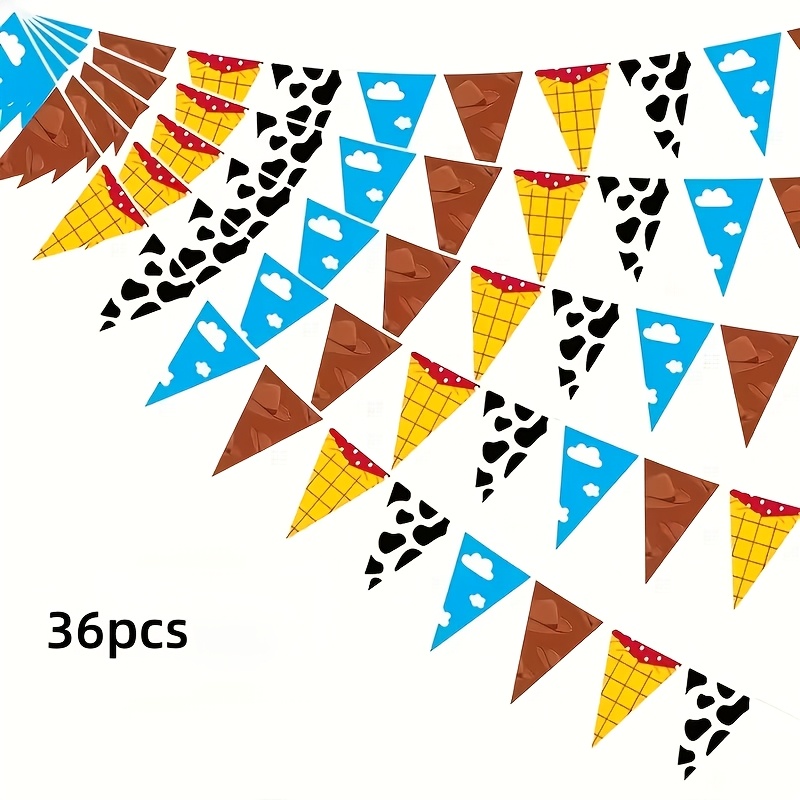 TEMU 36 piezas de decoraciones para de con temática de cuentos de dibujos animados, banderas triangulares de cielo azul y blancas, banderas