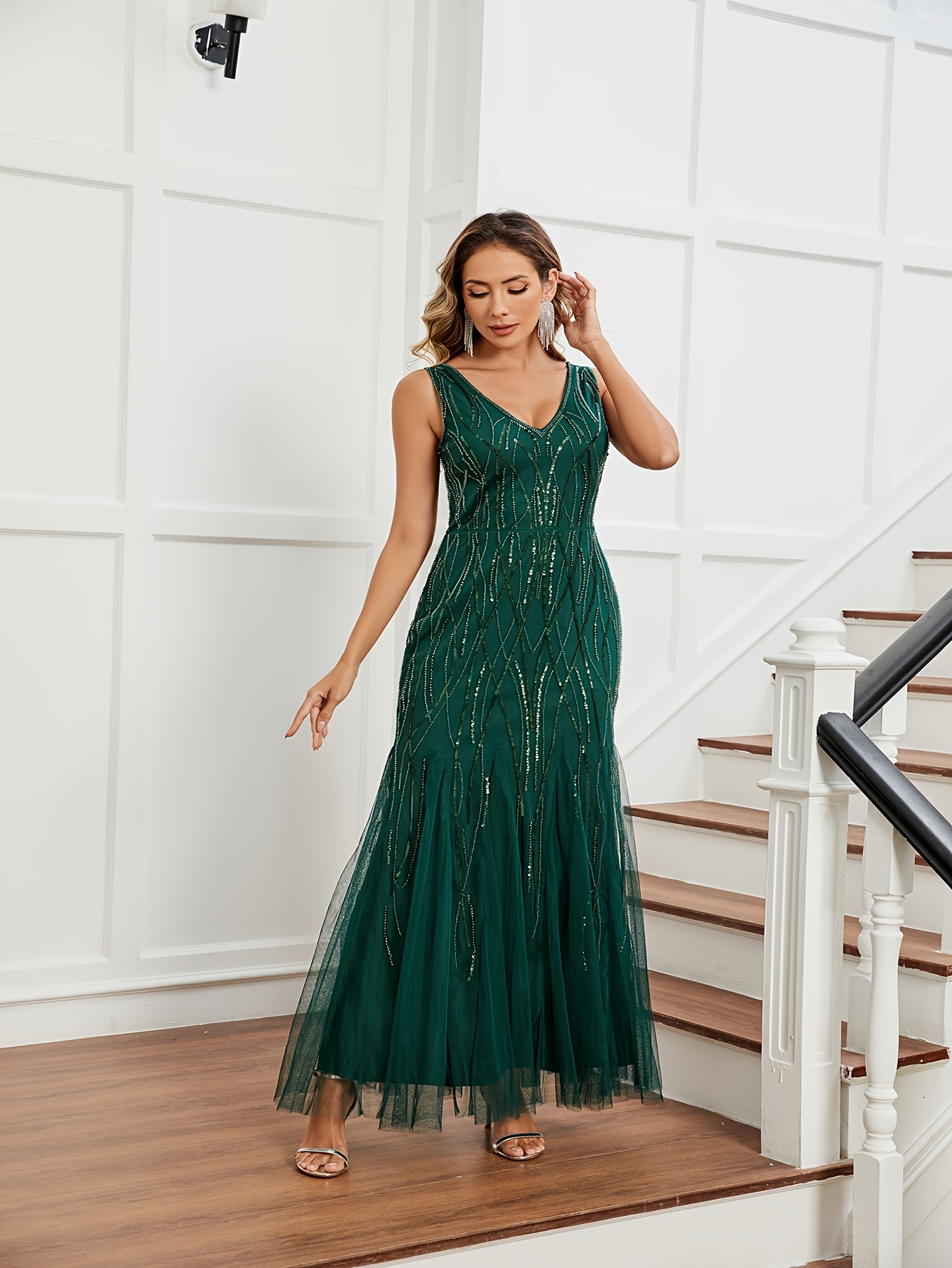 Elegant 1920s V-Neck Sequin Evening Gown, Sleeveless Fit and Flare Long  Dress with Veil, Women'S Fashion Party Attire, Evening Party Dres