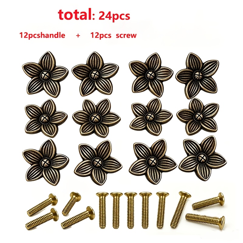 TEMU 24pcs Set: 12 Handles + 12 Screws, Vintage Floral Pattern Handles, Furniture Accessories, Creative Diy, Alloy Material, Handmade, Vintage