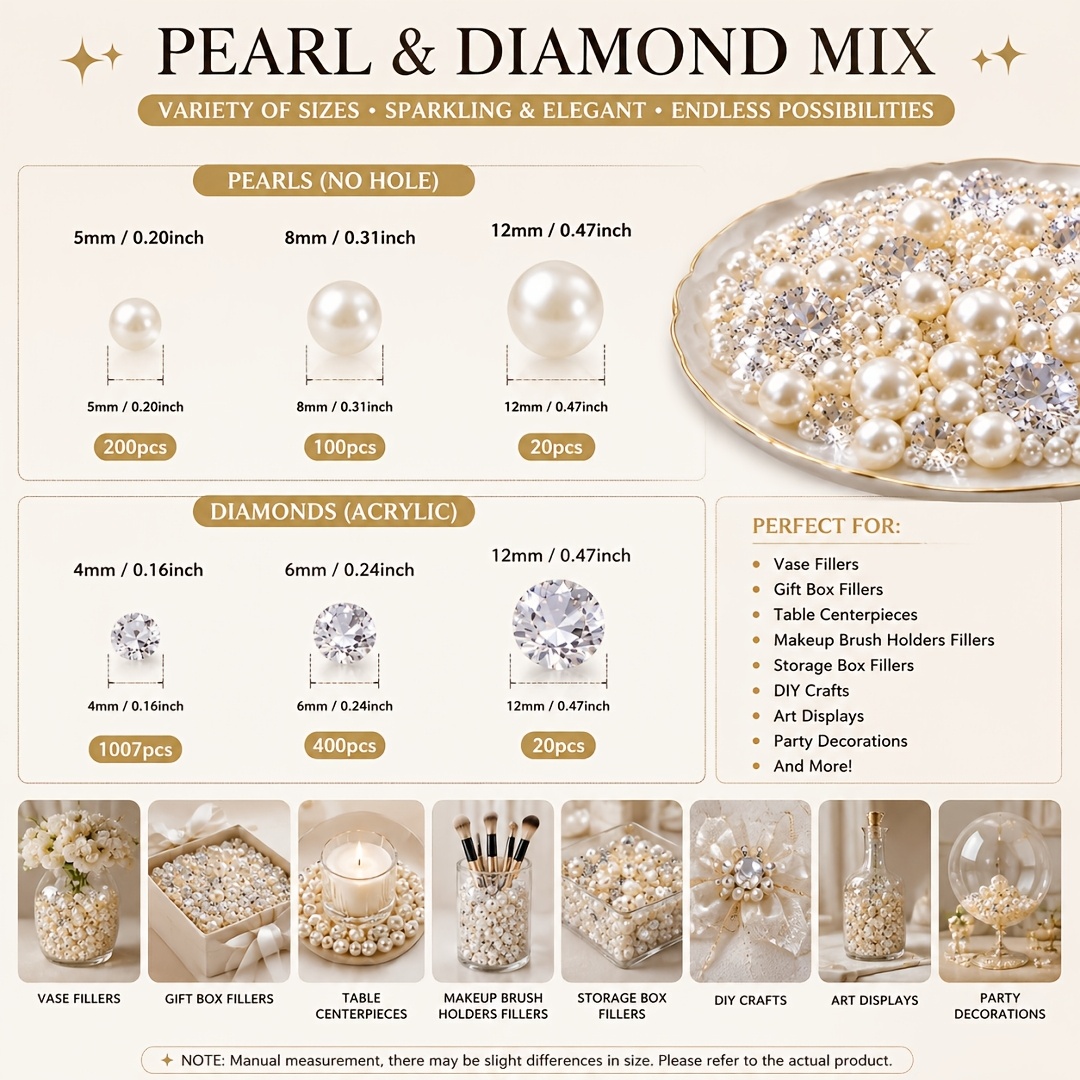 TEMU 1747 piezas en total 117g de perlas acrílicas de sin agujeros y diamantes de para relleno de , paquete de perlas redondas brillantes y pedrería