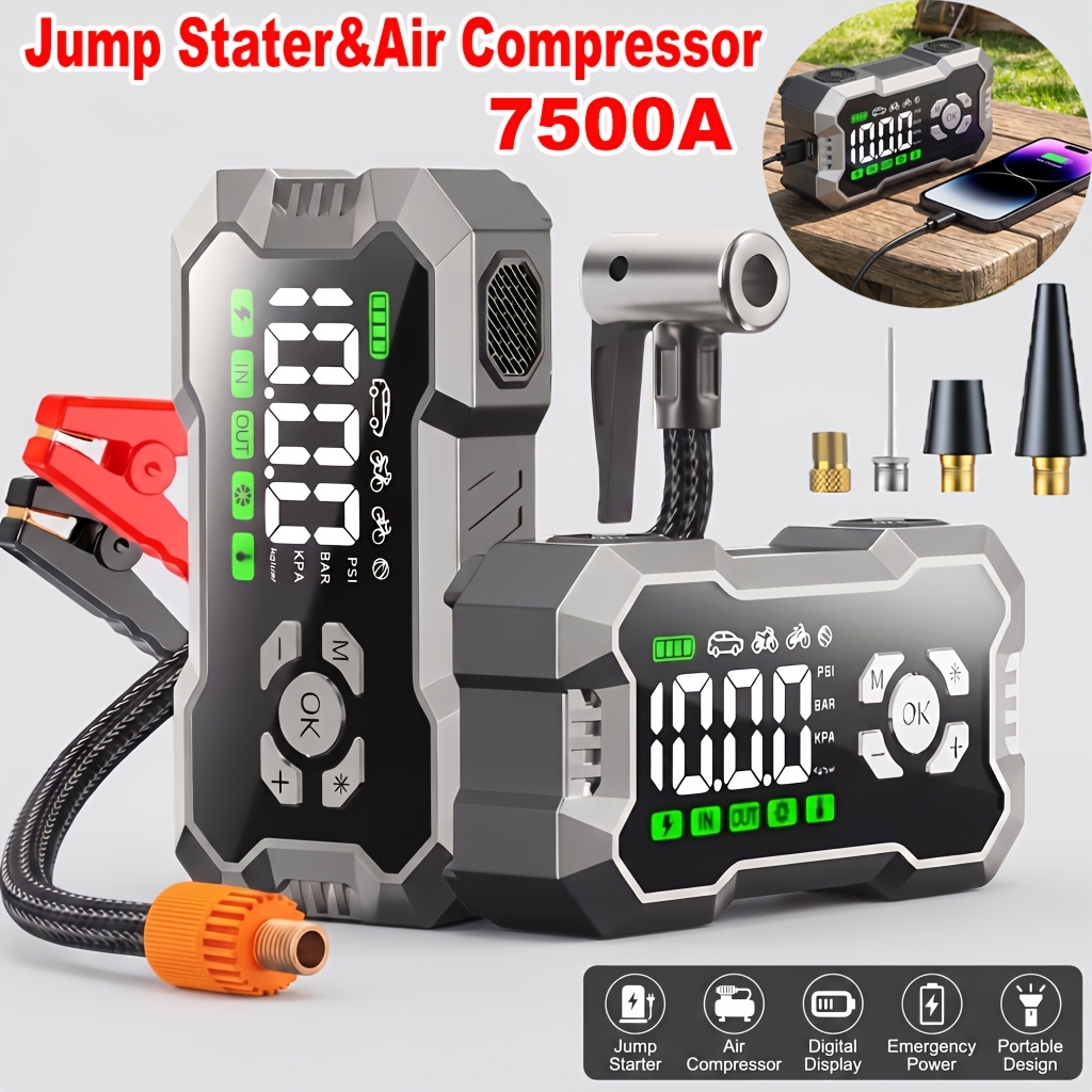 TEMU 7500a Cordless Car Jump Starter With Air Compressor, 150 Psi Tire Inflator, Led Flashlight & Power Bank - Portable 12v Battery Booster For Gas &