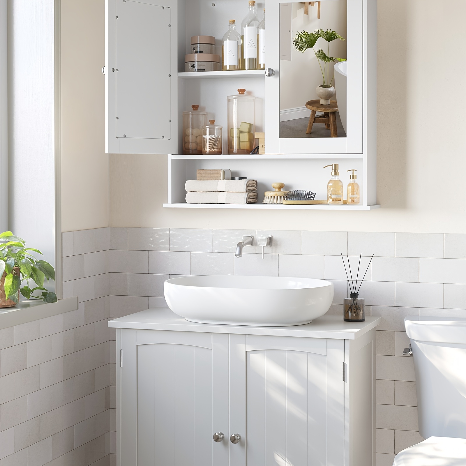 TEMU Organizador de baño de pared con espejo, dos puertas espejadas, sección y estante ajustable, medidas 15 X 75 cm