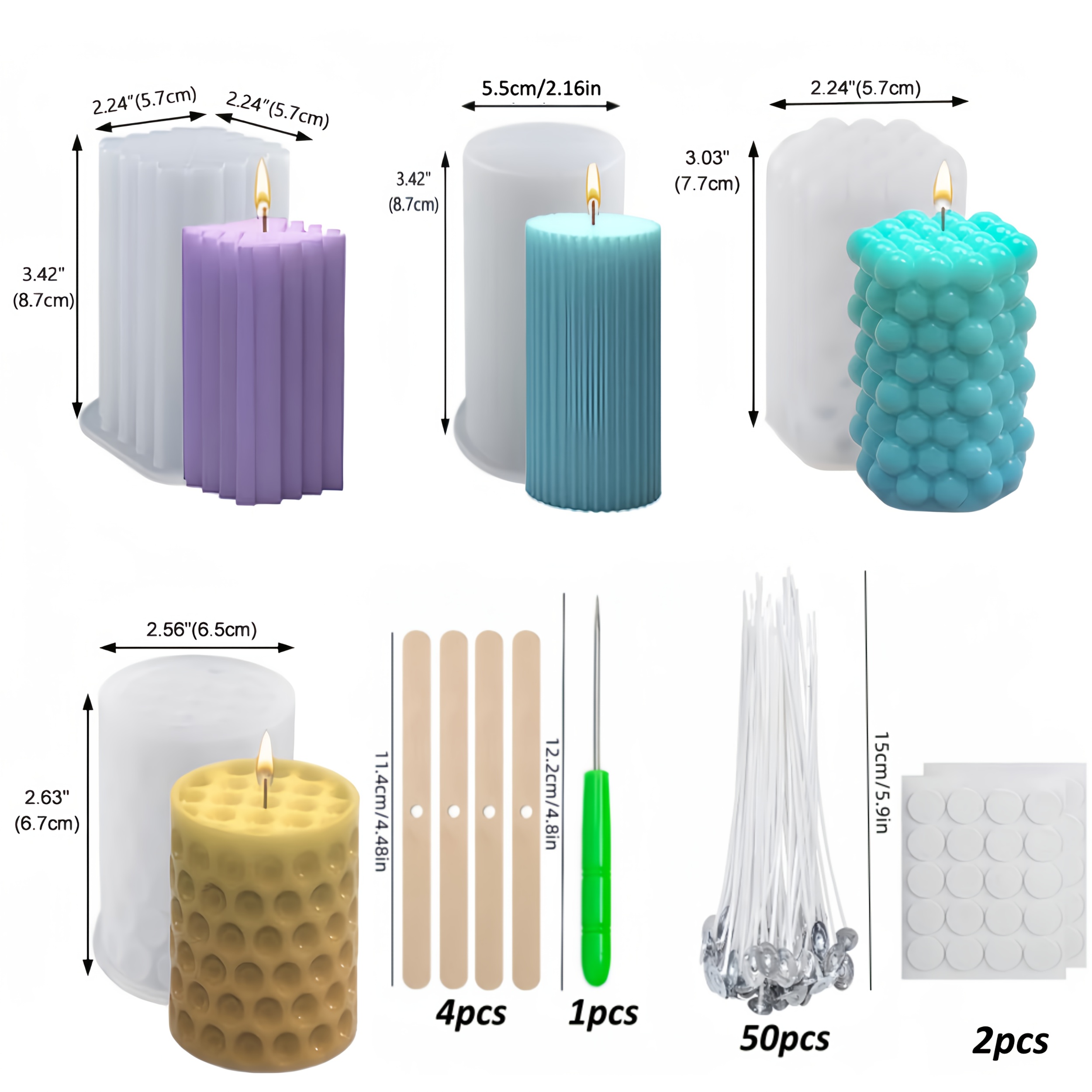 E-shop 61-teiliges Zylinder-Quadrat-Sechseck Kerzen-Silikonformen-Set, Blasenkerzenform, DIY Kerzenform, 4 Silikonkerzenformen + 50 Wachskerne + 4