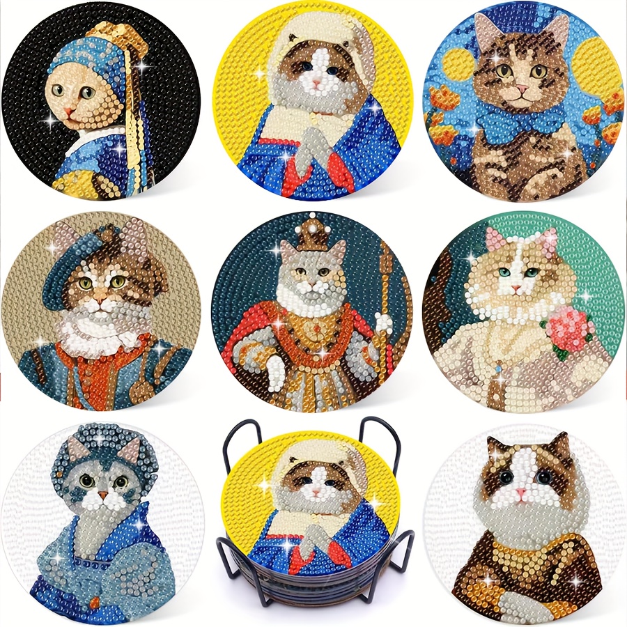 E-shop Hitzegegenstand - 8-teiliges Diamant Malerei Set mit Ständer, Cartoon Katzen Bilder, Untersetzer Set, Funkelndes Diamant Kunst Holz Untersetzer