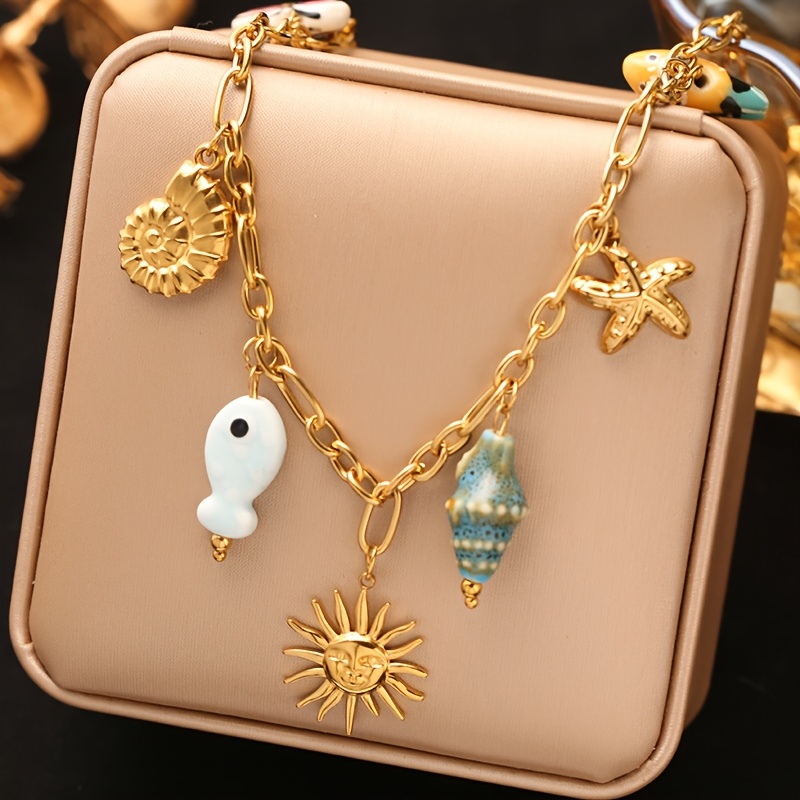 TEMU 1pc Collar de Acero Inoxidable con Dijes de , Conchas y Sol, Joyería Dorada a , Impermeable, Tendencia para Mujeres