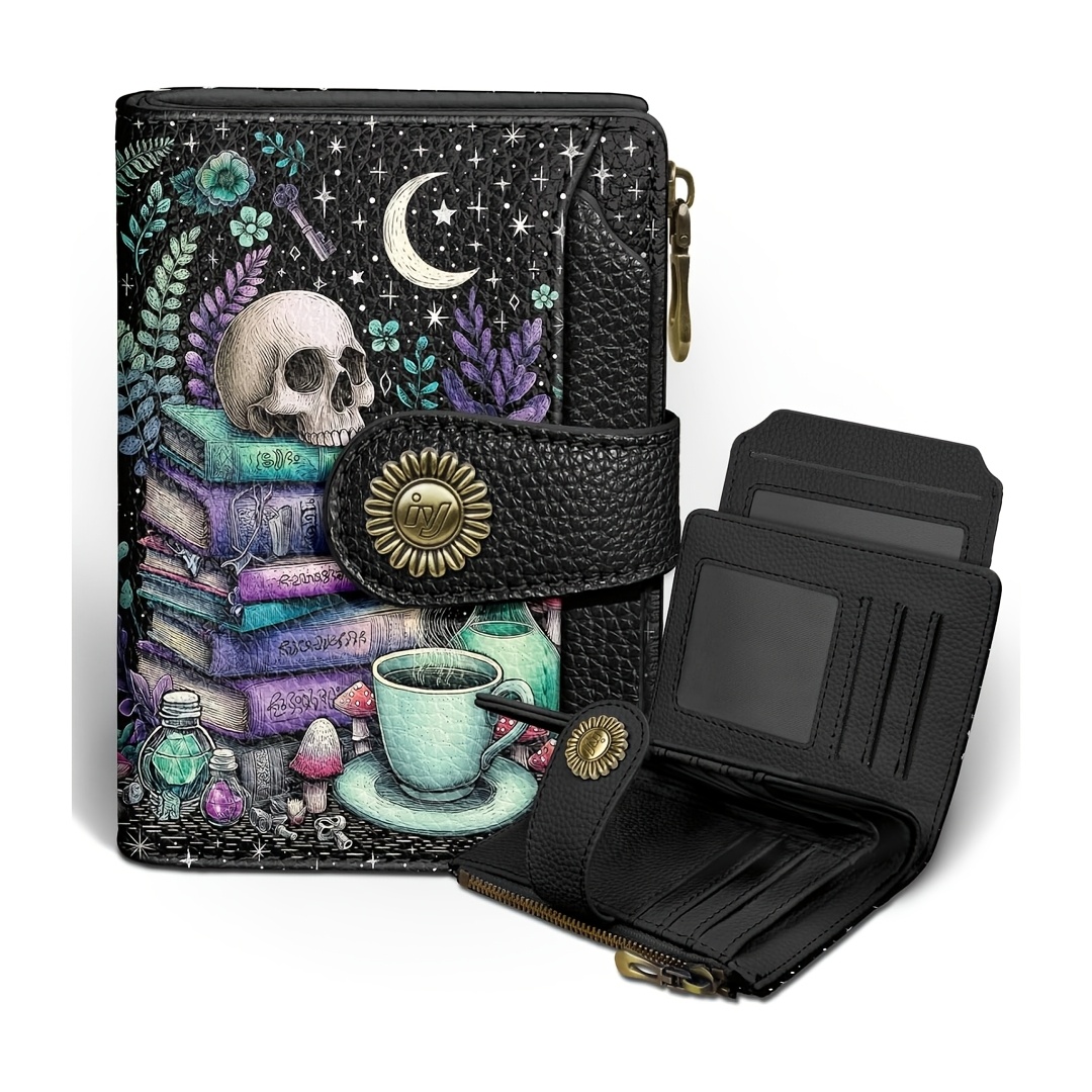 Women's Rfid Shielded Double-fold Credit Card Holder, Zipper Change Bag, Compact, Travel, 4 Id Card Pockets, 14 Card Slots, , For Ladies And, Christmas Gifts. (skull)