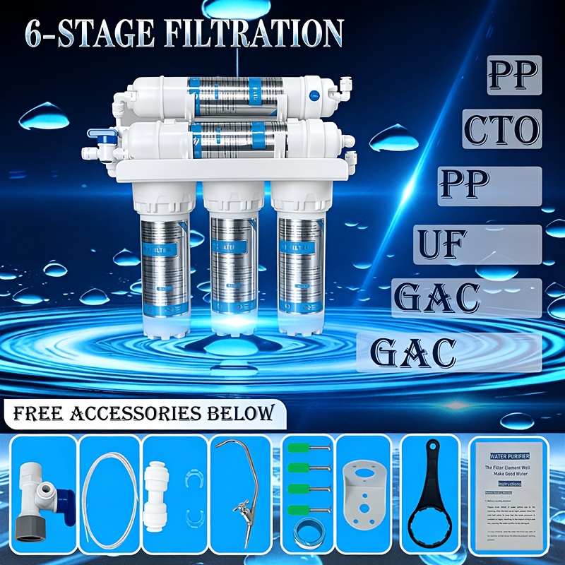 TEMU Purificateur d'eau filtrant sous évier et de comptoir avec ultrafiltration à 6 étapes et filtration à charbon actif, de 0,01 microns
