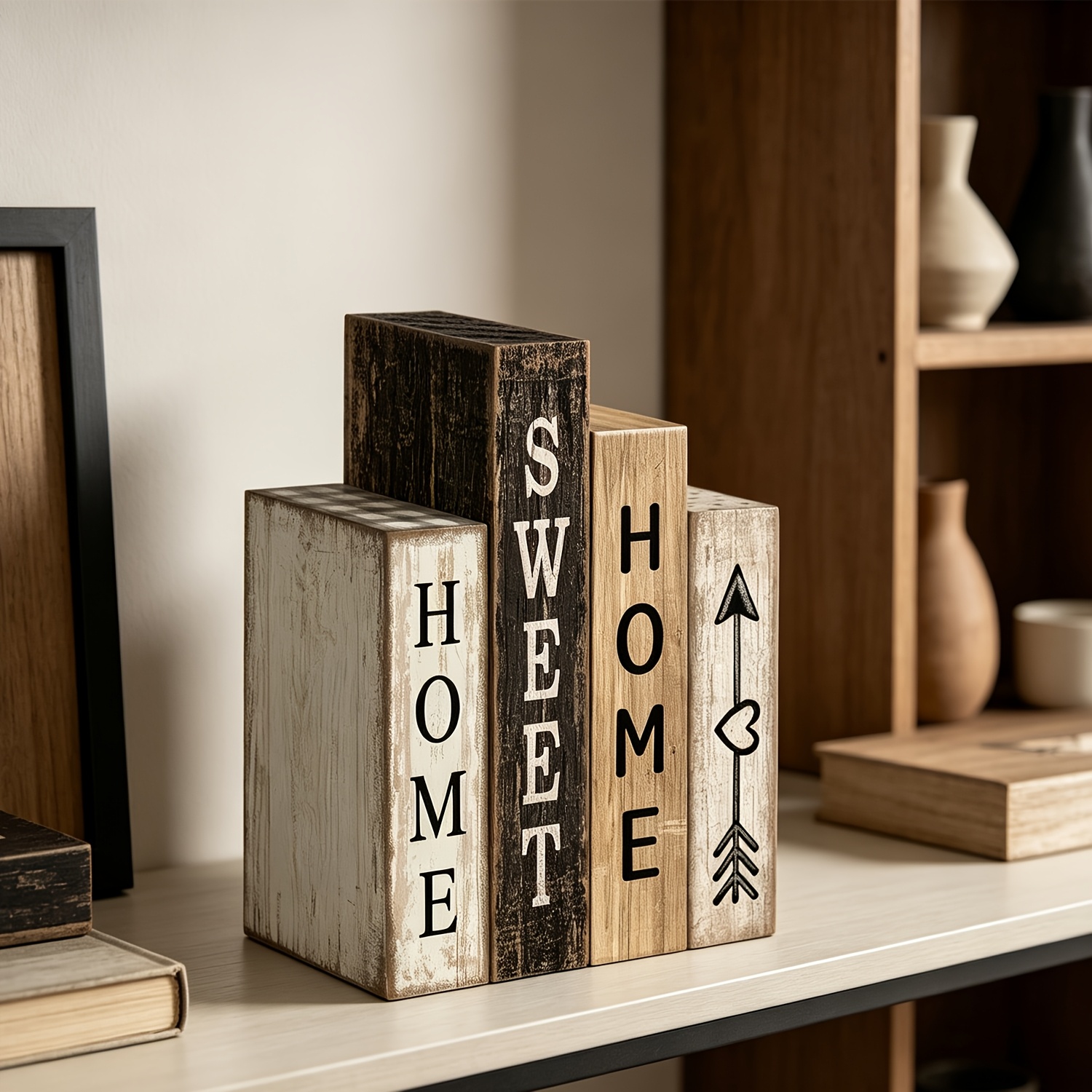 TEMU Rustic Style Table Decor, Farmhouse Bookshelf Stacked Blocks, Party Table Centerpiece, Wooden Tray Decoration, Featuring "", "", "", "" Text,