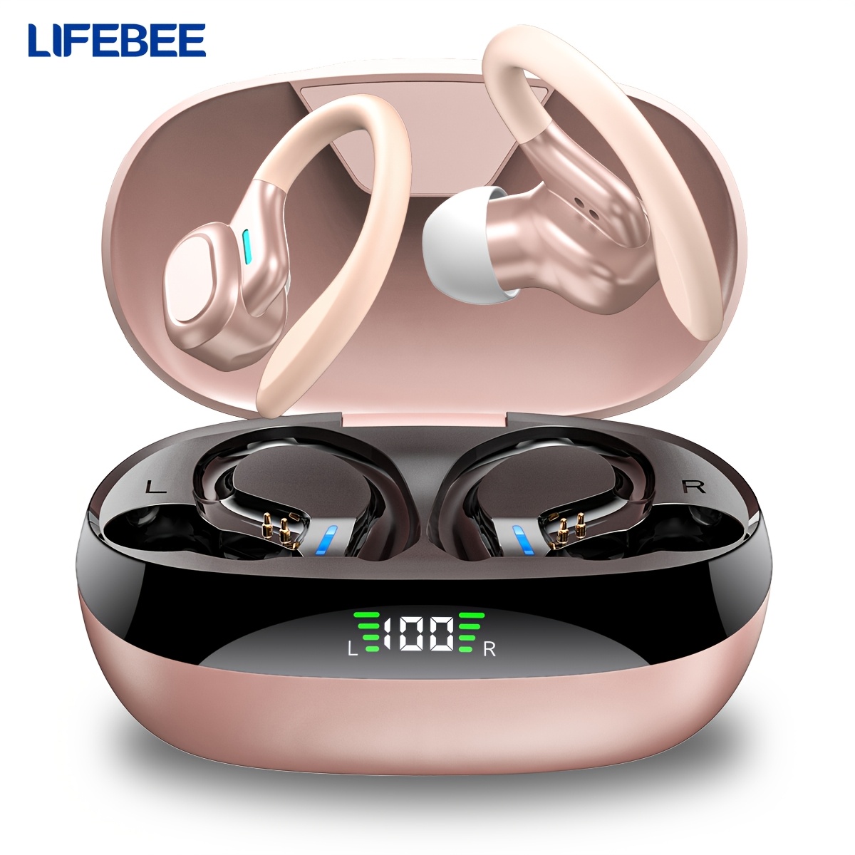 LIFEBEE Wireless Running Earbuds with Earhooks, Wireless Headphones for Sports, Dual-LED Display, Pure Bass Sound, Built-in Microphone