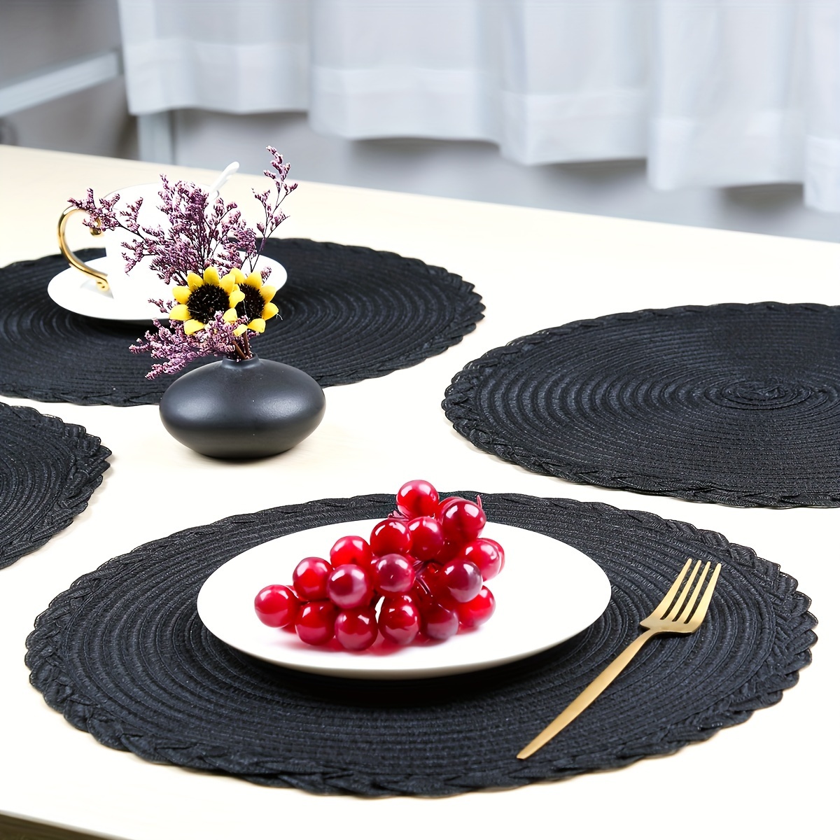 

4-piece Set Black Non-slip Round Woven Coasters - Versatile Placemats For Dining & Kitchen, Perfect For Weddings, Parties, And Home Decor