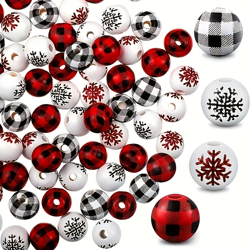 

60pcs Christmas Snowflake Wooden Beads Set - Red & Green Plaid, Round Colorful Beads For Diy Bracelets, Farmhouse Spacer Beads With String For Party & Garden Decor