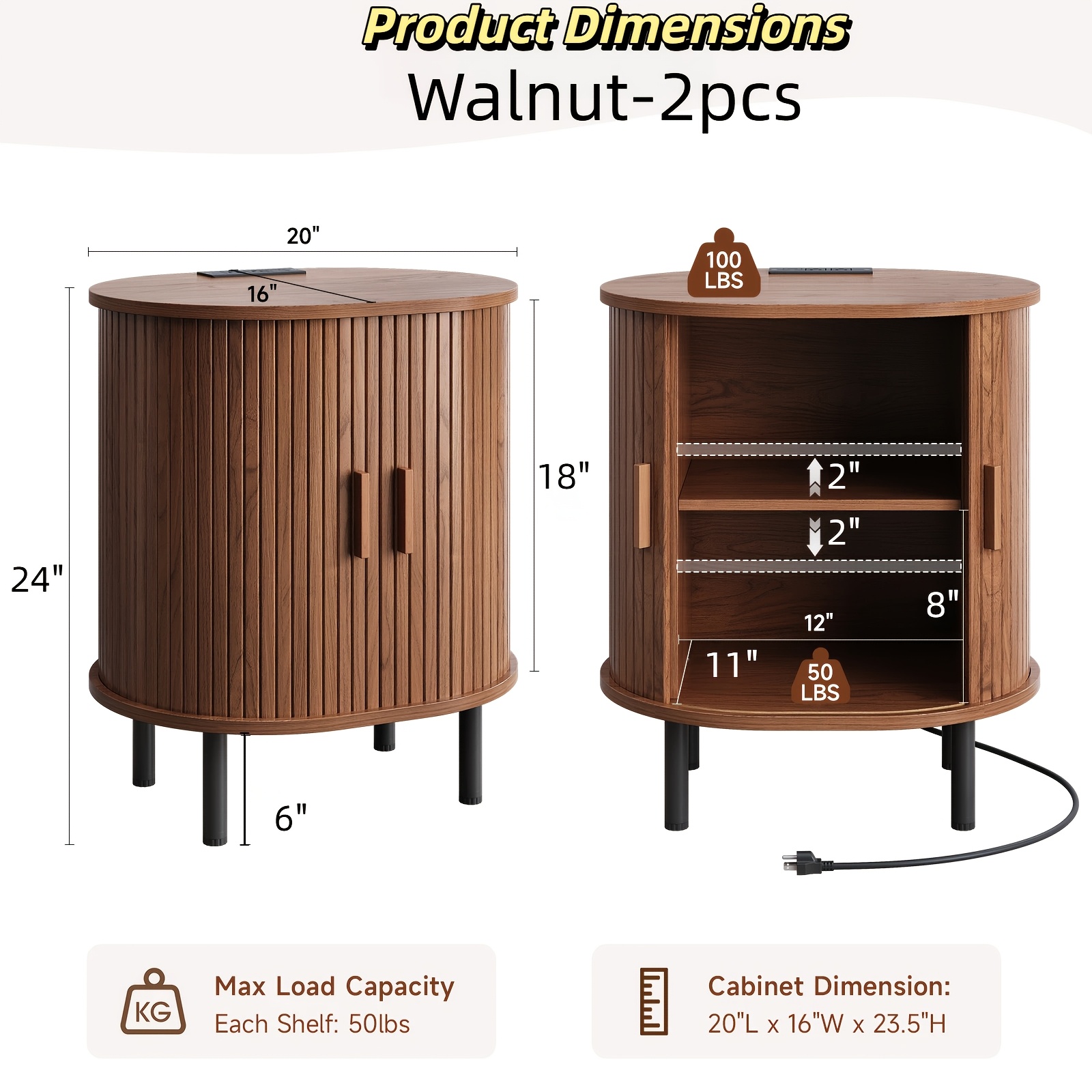 2pcs Mid-Century Modern End Table with Storage & Charging Station - Nightstand with Sliding Door Cabinet, Adjustable Shelf & Leg Pad, Compact Space-Saving Suitable for Small Spaces, Living Room, Bedroom - Assembly