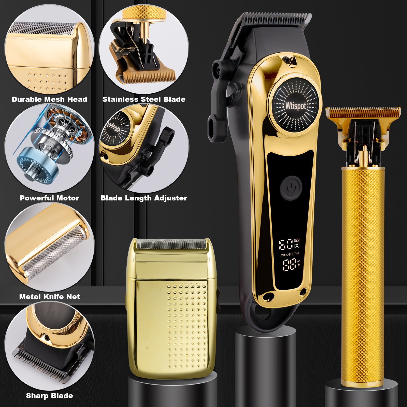 TEMU 3 pièces Système de Taille Professionnel Fil pour Cheveux et Barbe avec Affichage LED et Tondeuse Rechargeable USB - Outils de Toilettage de ,