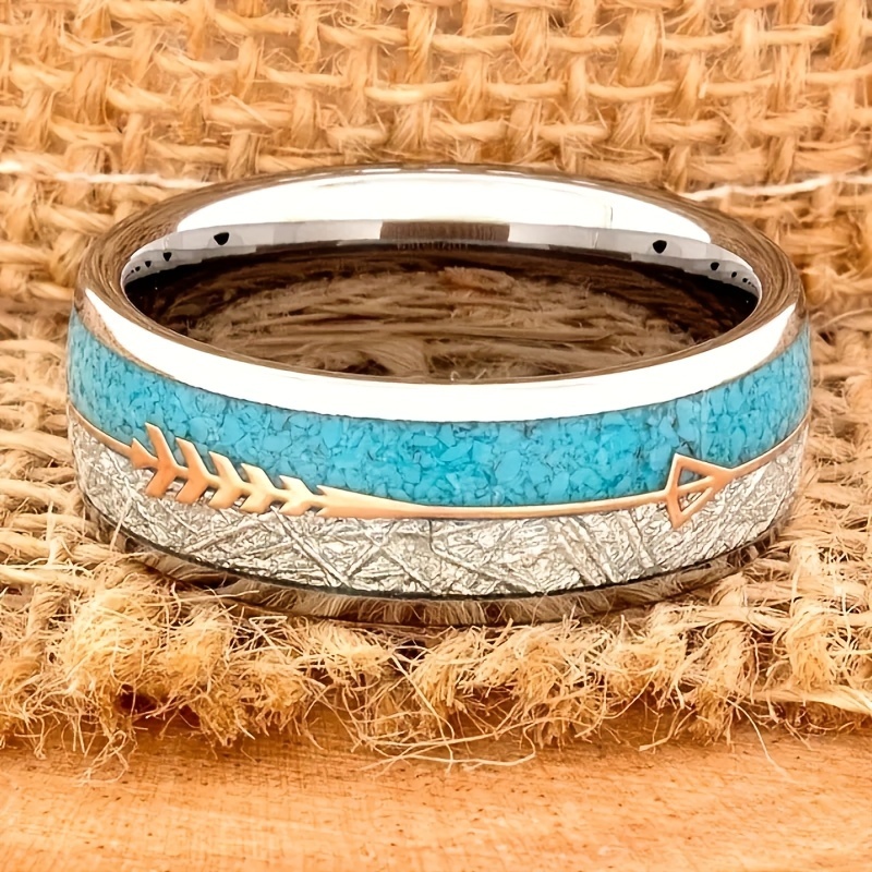 

Men's Gorgeous And Fashionable Tungsten Steel Ring, Set With Arrow Pattern And Imitation Turquoise, Comfortable Fit, Wedding Ring, Engagement Ring