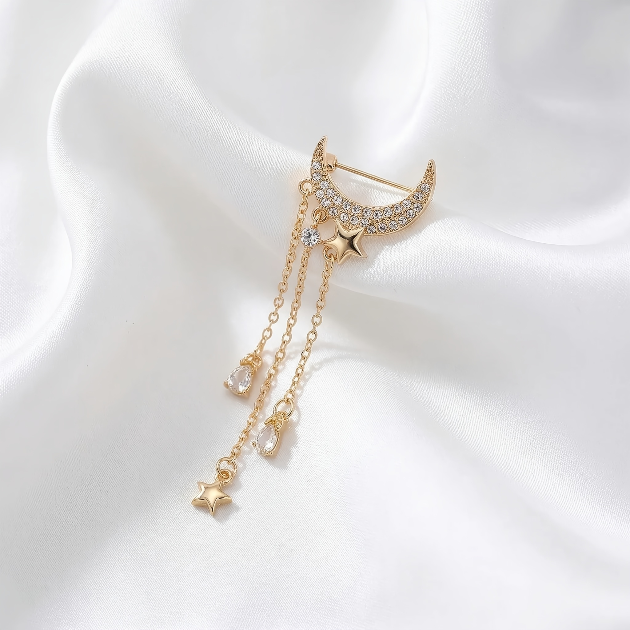 TEMU Broche de lujo con borlas de estrella y luna, alfiler de pedrería, accesorio elegante para trajes y abrigos, cierre antideslizante, ¡lleno de !