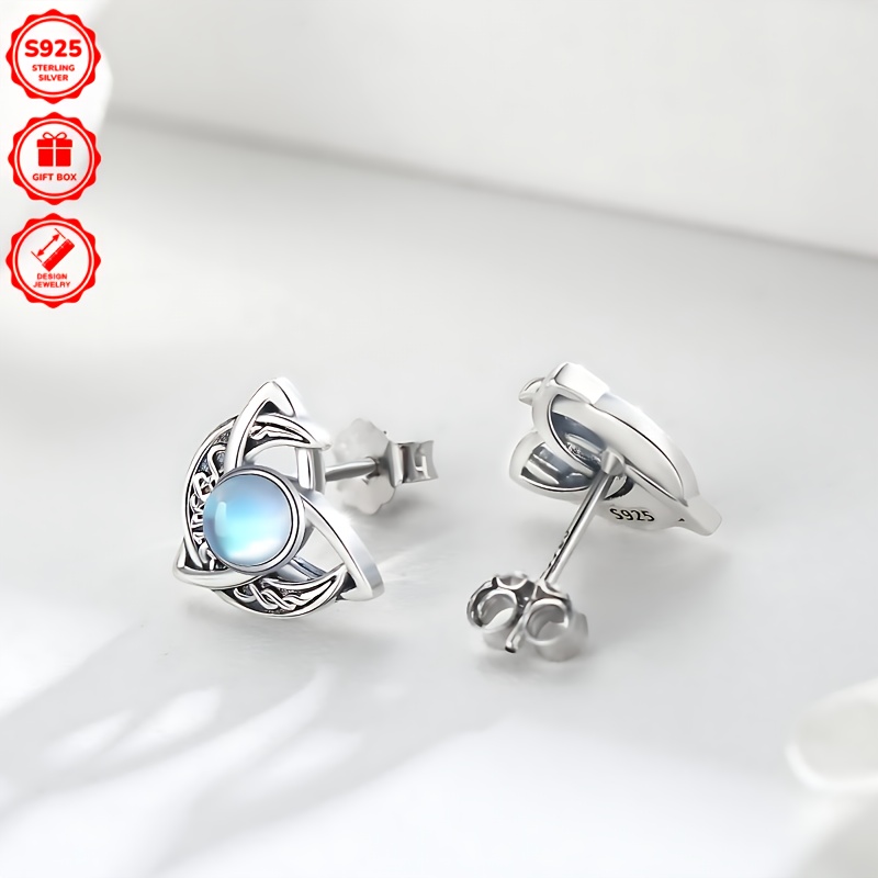 Vintage Boho 925 Silver Celtic Moonstone Earrings Filigree Crescent Moon