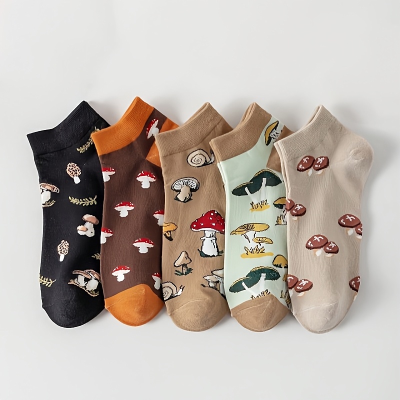 Image of /5 Pairs Random Set Of Fashionable And Trendy Cute Mushroom Pattern Printed Women's Short Socks, Soft, Comfortable, Breathable, Anti-slip, Beautiful Socks, Suitable For Casual Sports And Daily Wear