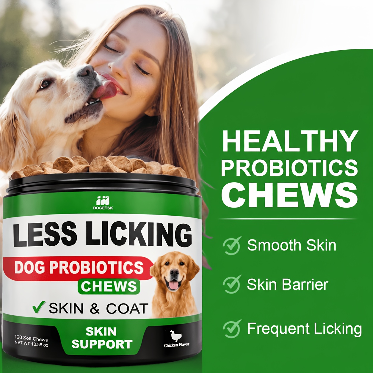 DOGETSK chicken-flavored dog probiotic chews with 120-count packaging