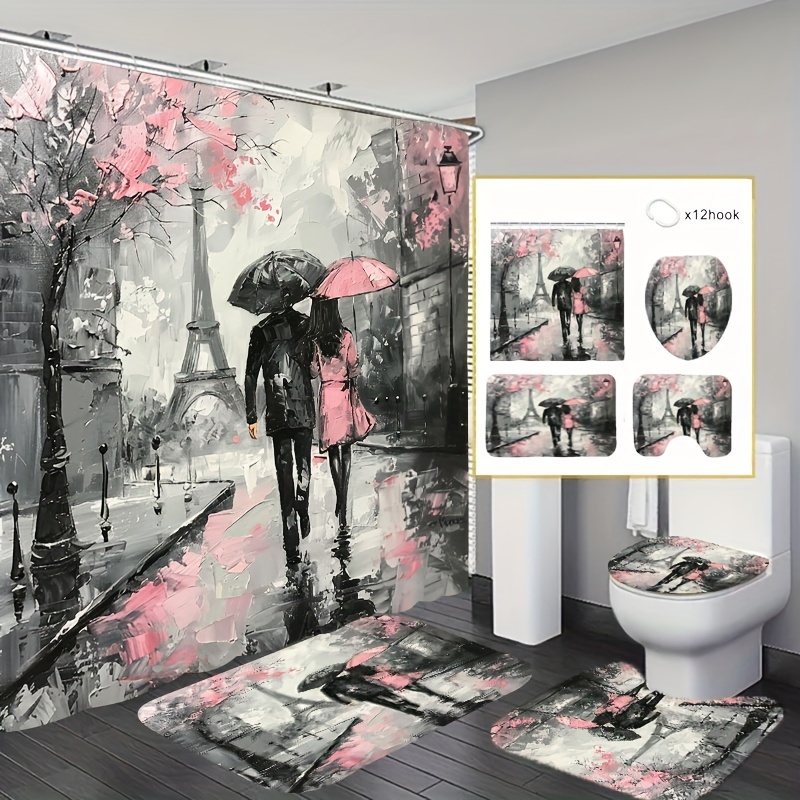 

Eiffel Tower Love Affair Complete Shower Curtain Set - Waterproof Polyester Curtain With Hooks, Non-slip Bath Mat, Toilet Lid Cover & U-shaped Rug - Perfect For All Seasons