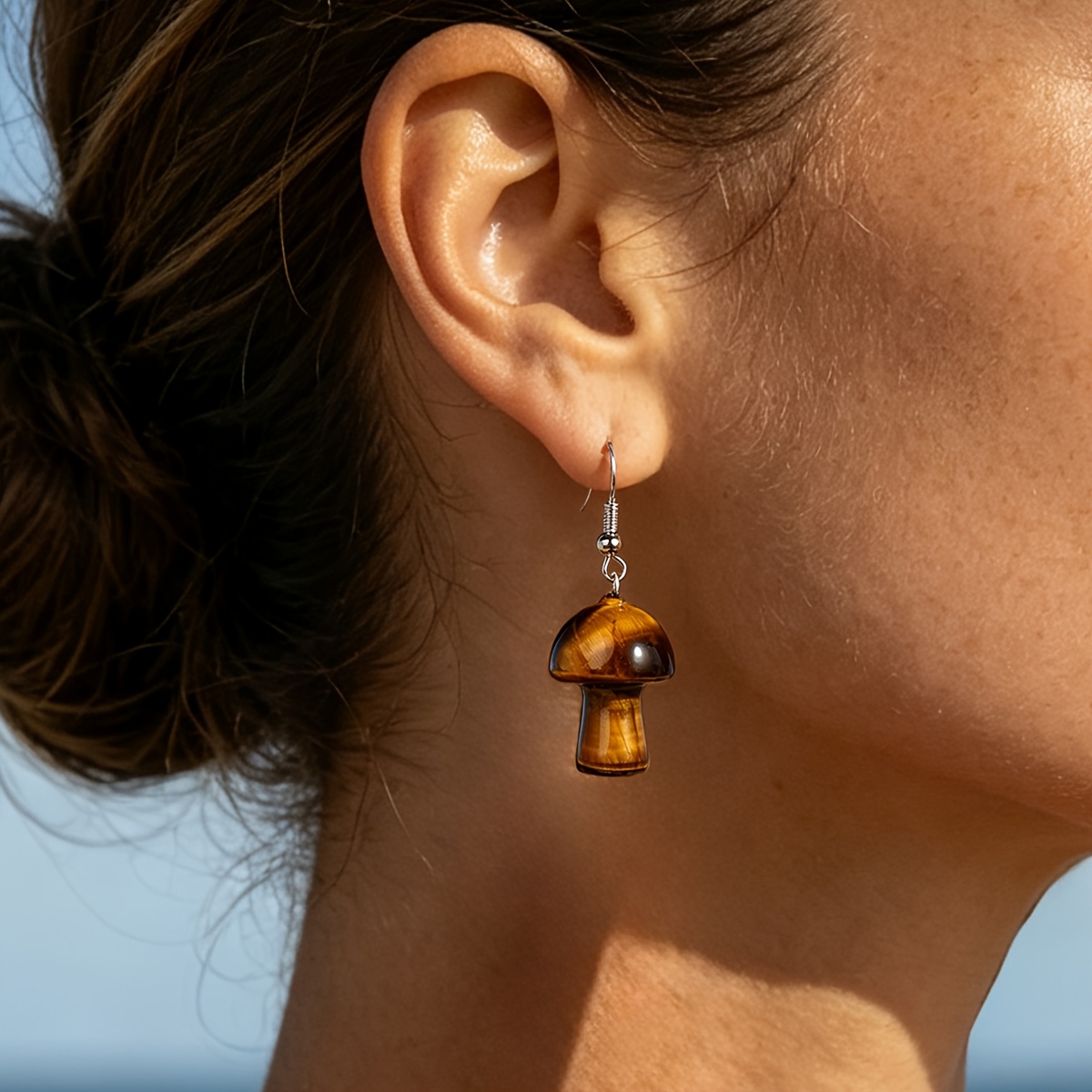 Women's Natural Tiger Eye Mushroom Earrings, Bohemian Style