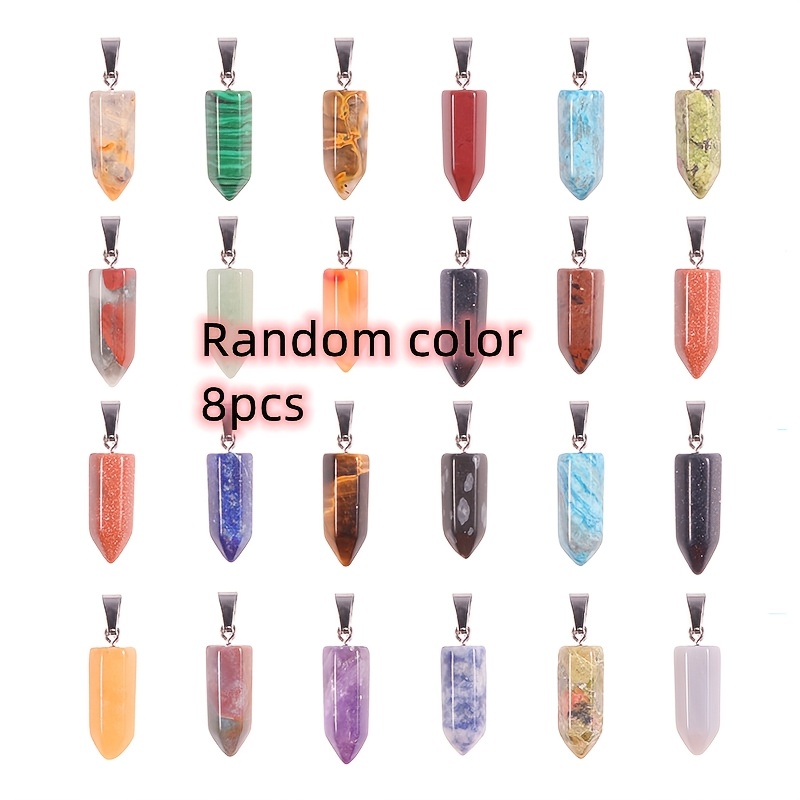 TEMU 8pcs Random Natural Stone Hexagonal Bead Pointed Stone Pendant 9x22mm, Elegant Jewelry Making Additions Gift