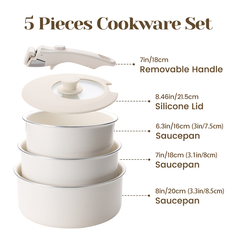 5pcs Non-Stick Ceramic Saucepan Set with Removable Handles