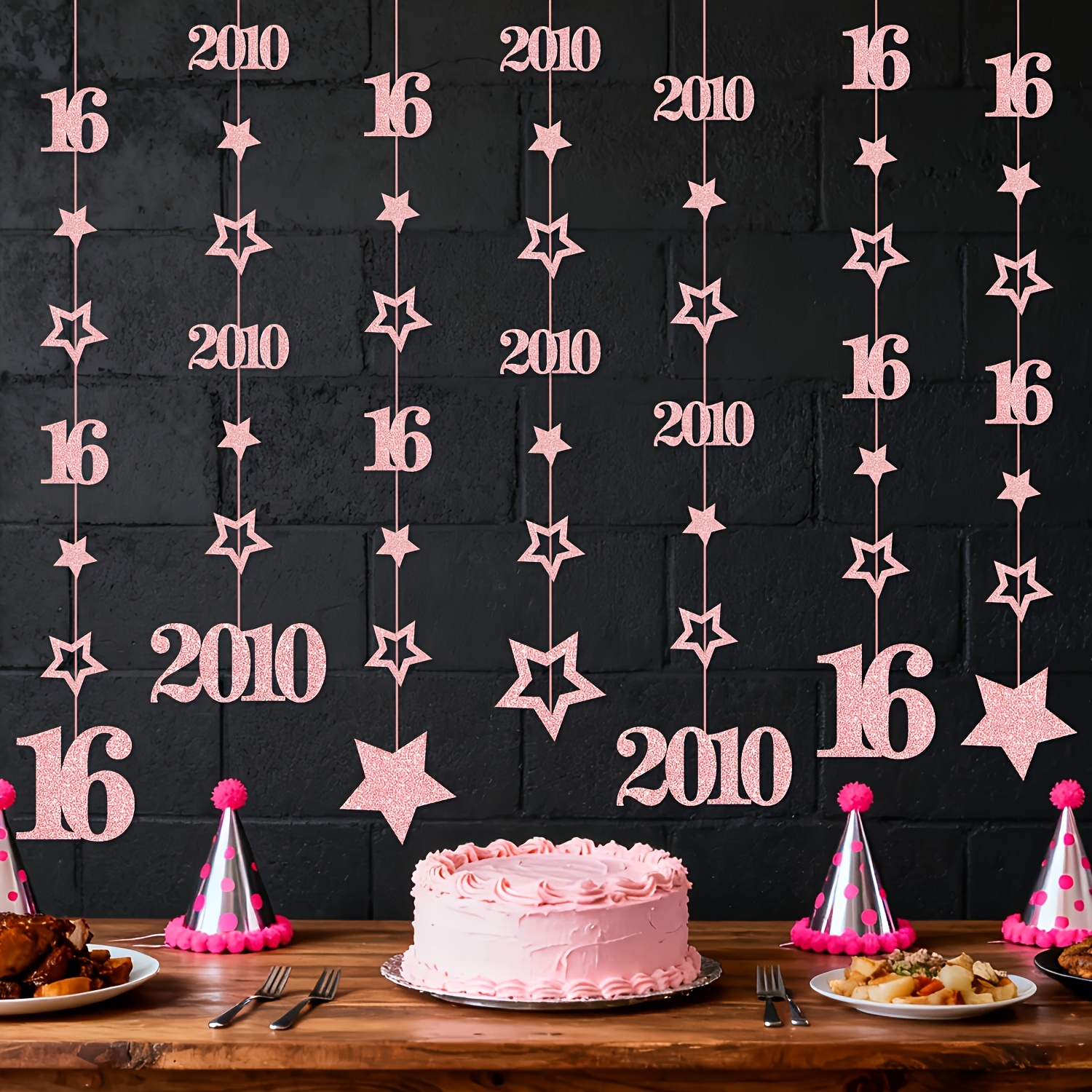Image of 7pcs, Decorations For A 16th Birthday, Hanging Garlands For A 16th Birthday Party, Pink Rose Golden Glitter With The Year 2010 And Star Patterns, Rose Supplies, Suitable Gifts For Girls Turning 16