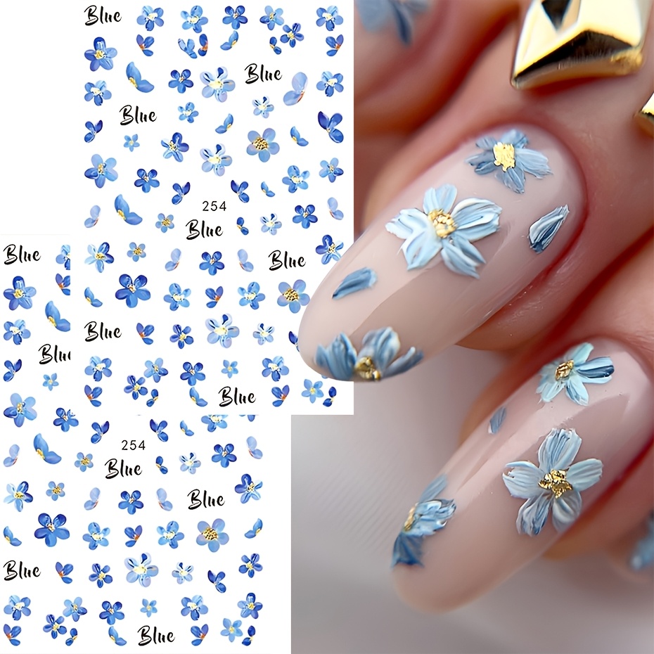 2pcs Spring Nail Stickers Blue Five-petaled Slider Decals Nail Art Supplies And Decorations Diy Manicure Accessories Tool