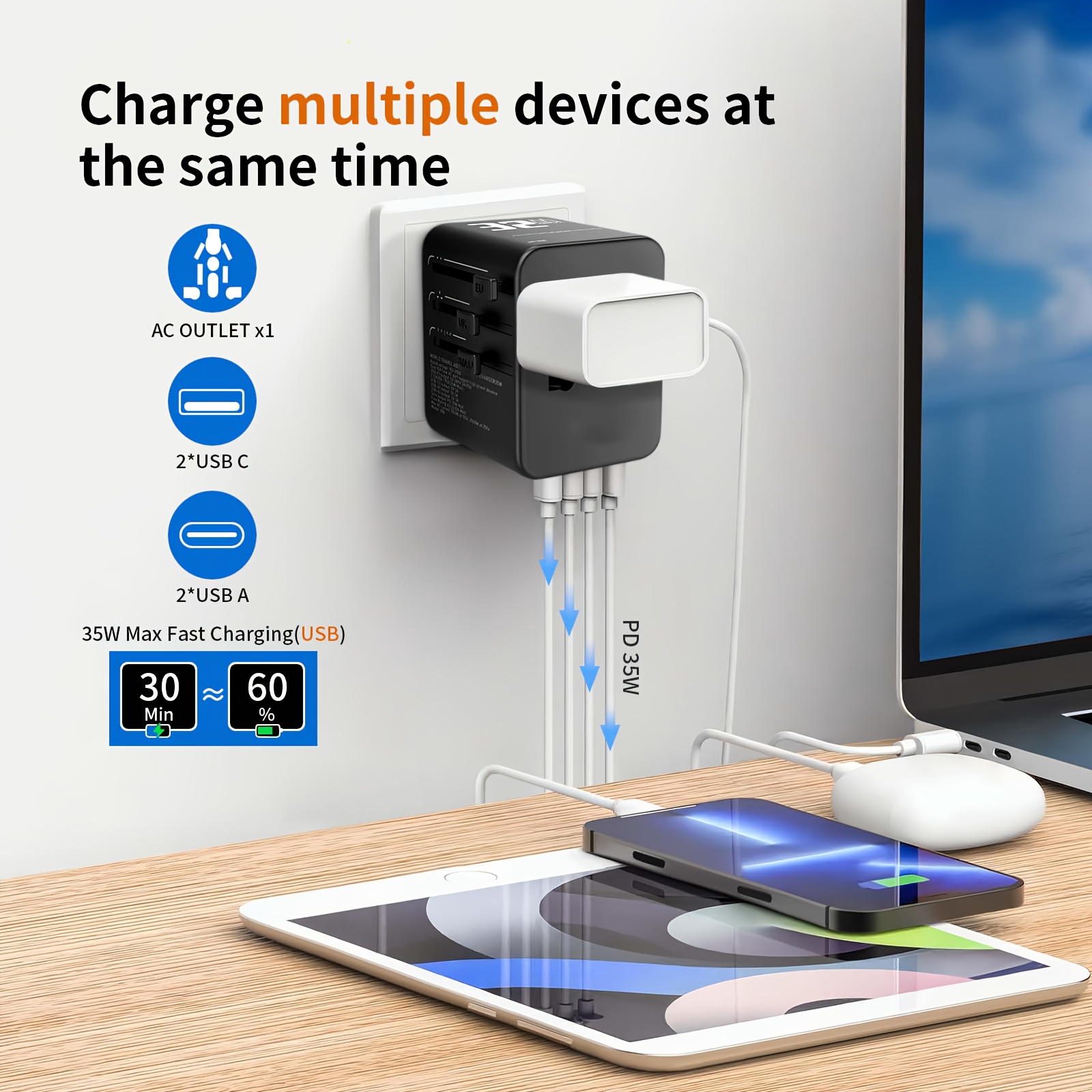 Adaptateur De Voyage Universel 7 Prises Avec USB-C - Compatible 100-240V - Neuf
