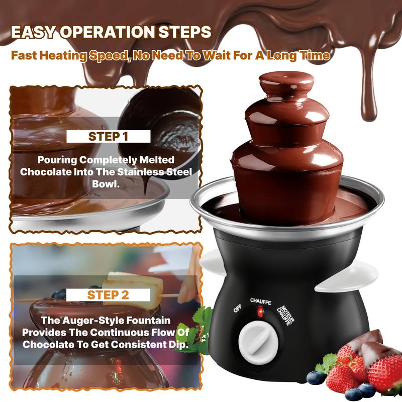 3-Tier Chocolate Fondue Fountain With Fruit Plate - Electric, Stainless Steel, For Parties & Events