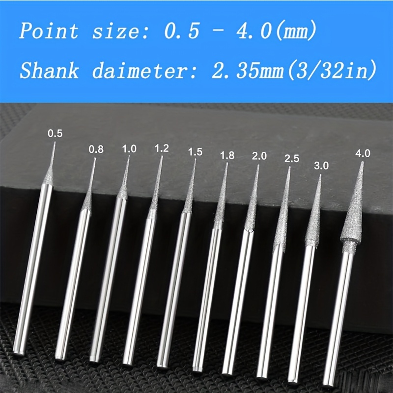 

10pcs/set Diamond Mounted Grinding Head Burrs - Sizes Stone Carving Bits For Rotary Tools With 3/32" Shank