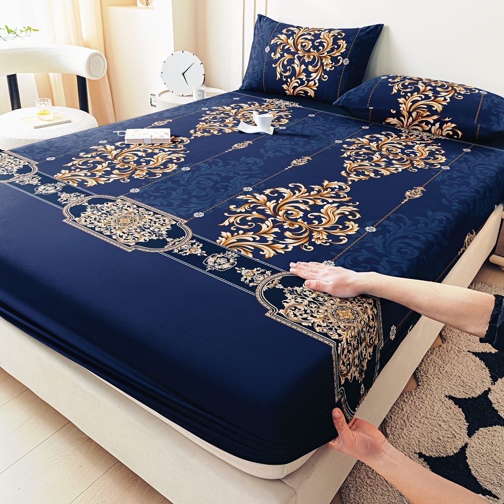 

Luxurious Navy Blue Jacquard 3pcs Bedding Set - Includes Fitted Sheet & 2 Pillowcases, Soft & Breathable Polyester, , All